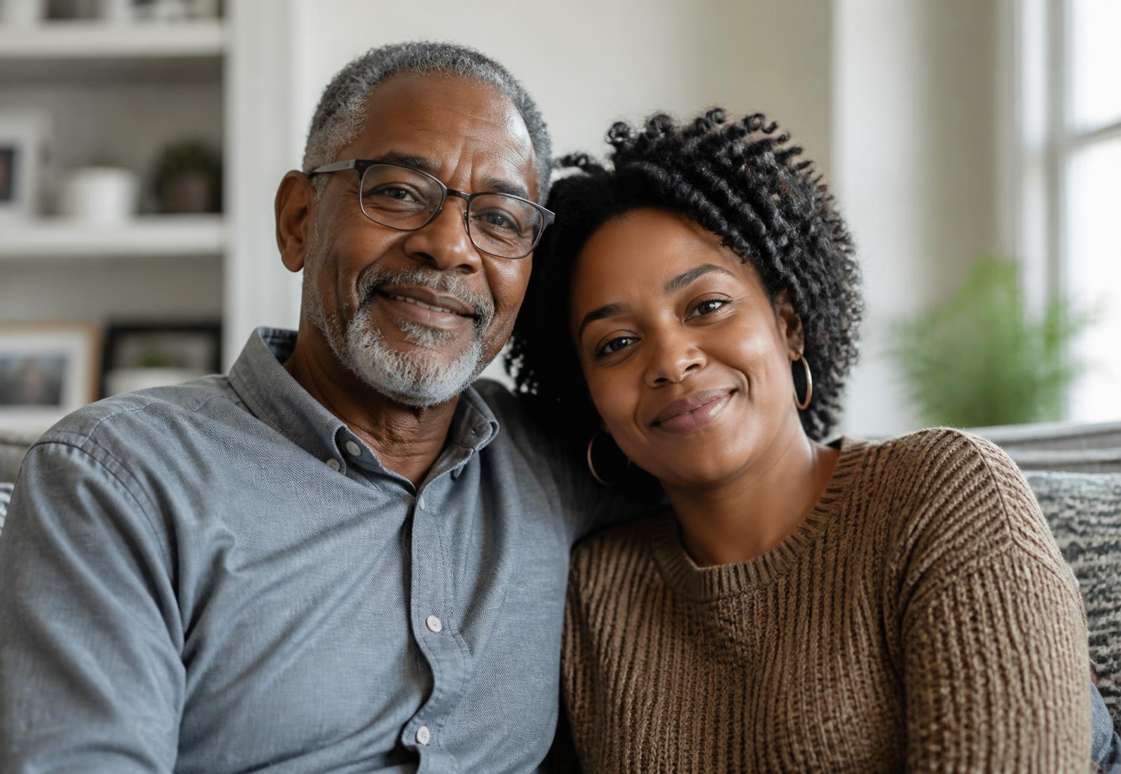 An older man and his adult daughter sitting close together at home, smiling gently