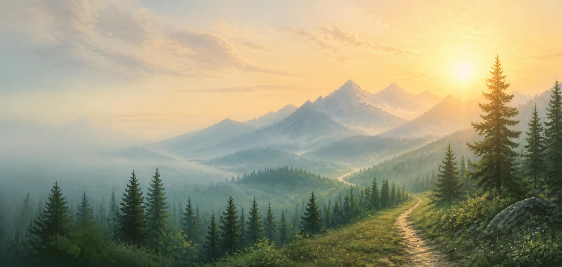 Illustration of a misty forest valley with a winding path toward sunlit mountains