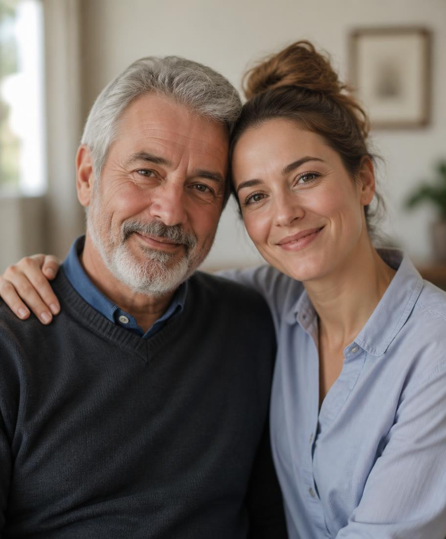An older man and a younger woman standing together at home