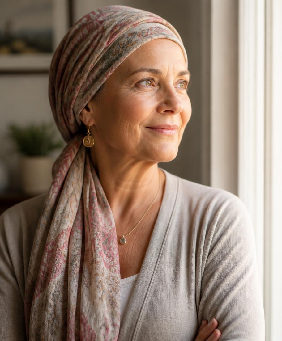 A woman wearing a head scarf looking out of a sunlit window