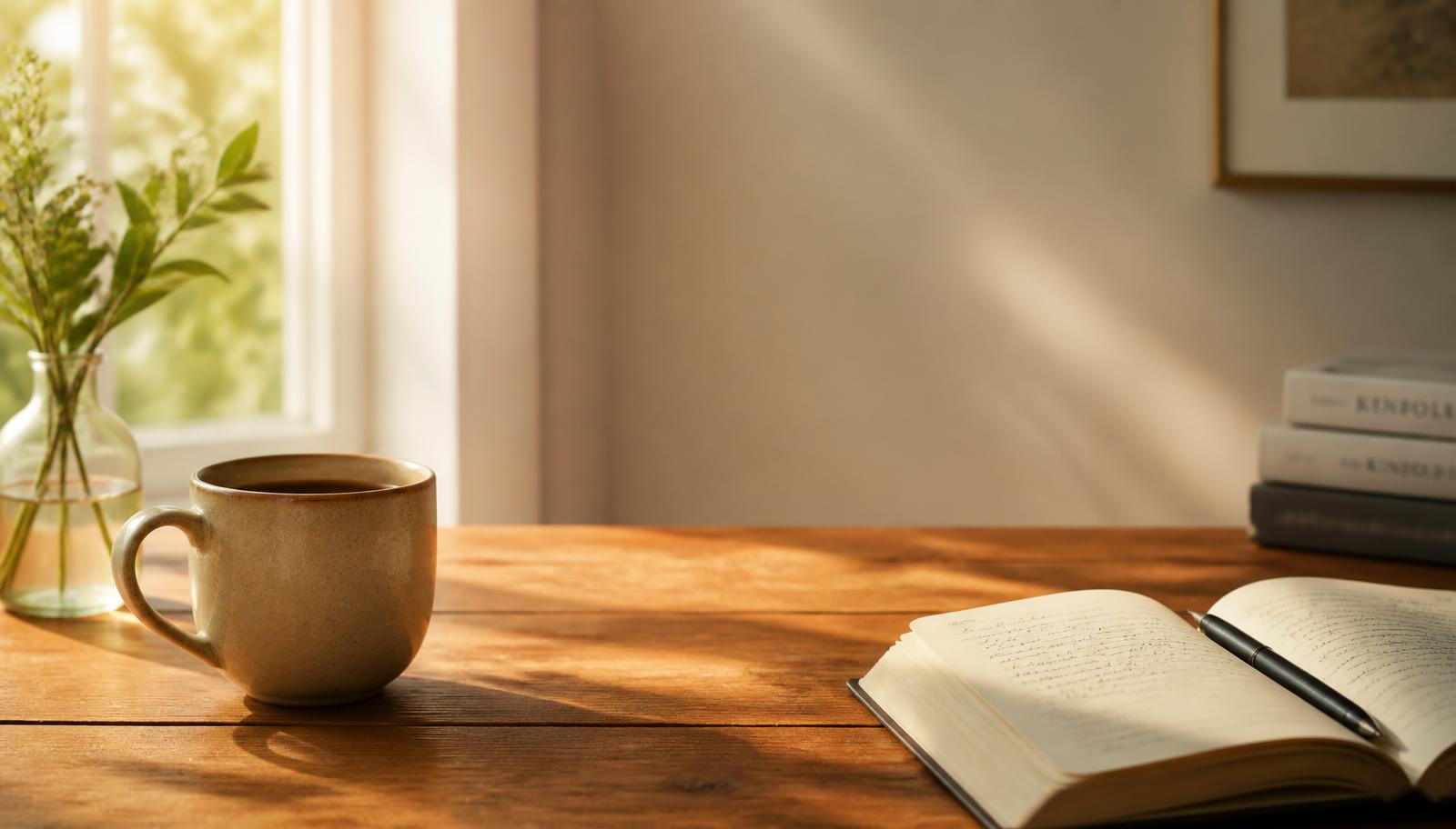 A coffee mug and an open notebook on a wooden table in soft morning light